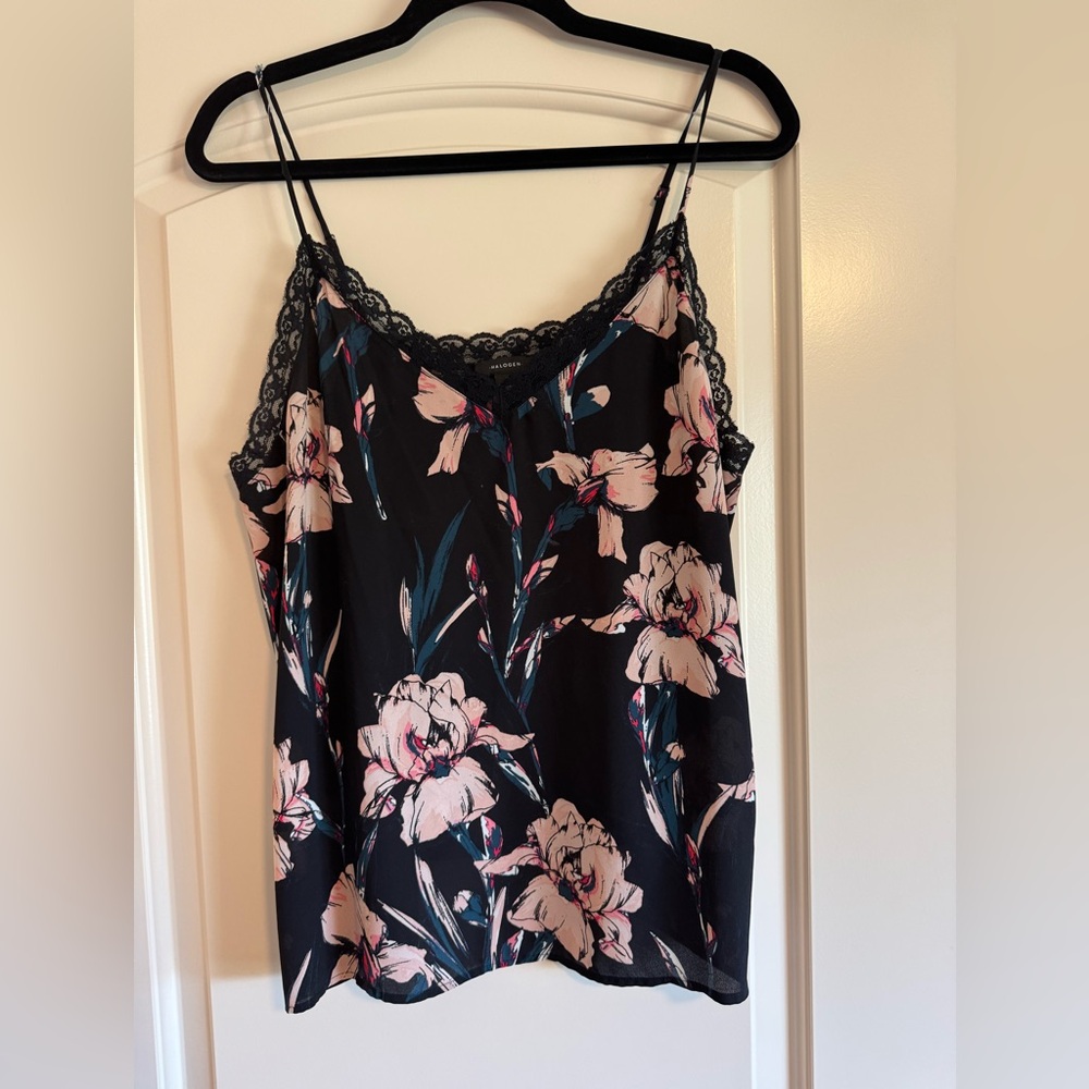 Halogen Womens Top Black Pink Floral Lace Trim Camisole Size Large